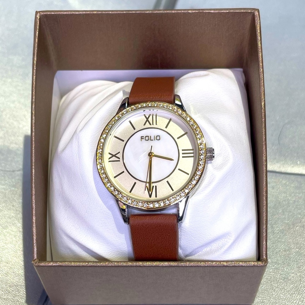 Women’s Watch Faux Leather Strep Gold Accents and Crystals